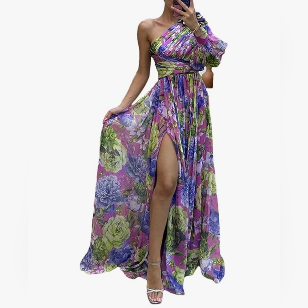 Vibrant Floral One Shoulder Dress